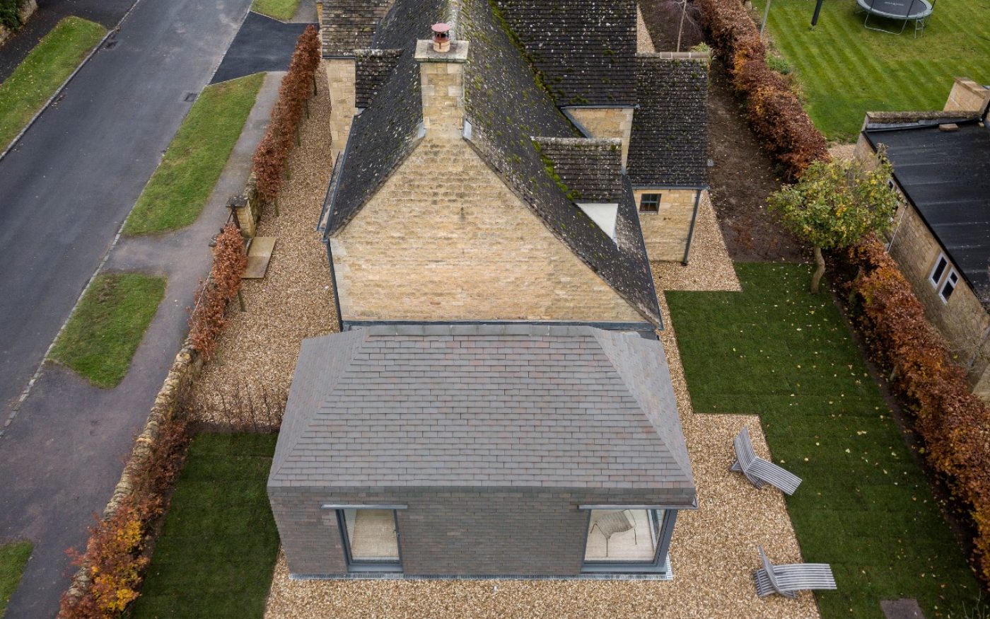 Aerial view of Cotswolds cottage with modern extension