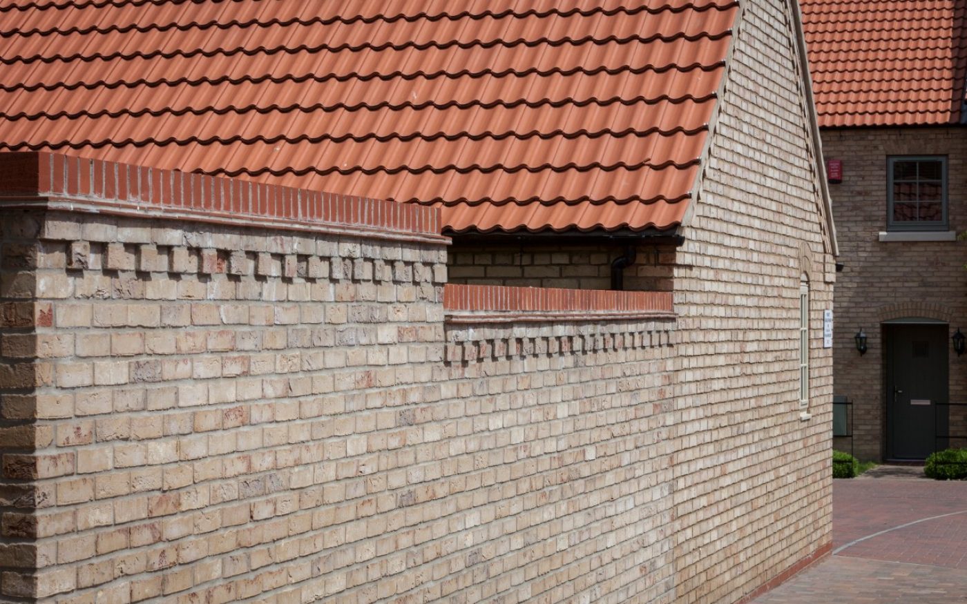 Cream brick wall of new property in Lincolnshire
